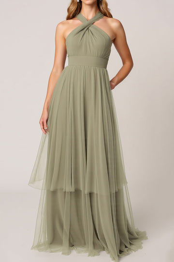 Robe de demoiselle d’honneur longue dos nu en tulle olive